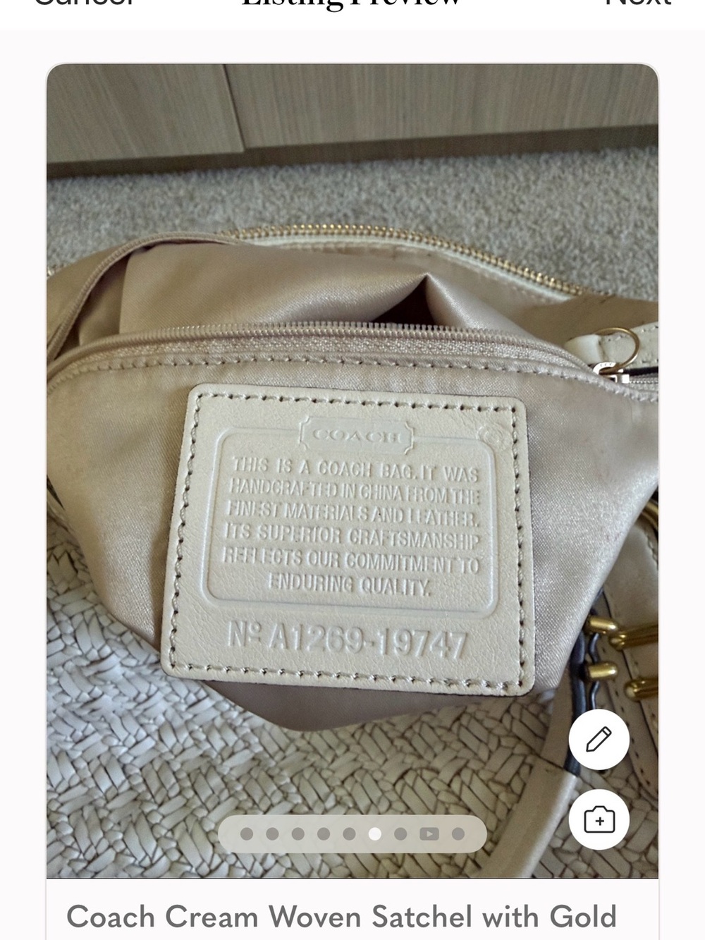 Coach Woven Cream Shoulder Bag with Gold Hardware - Picture 6 of 7